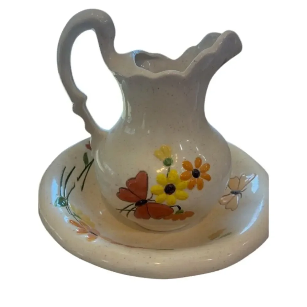 Vintage Beautiful Ceramic Pitcher & Basin Set Handpainted w/Flowers and Buttefly